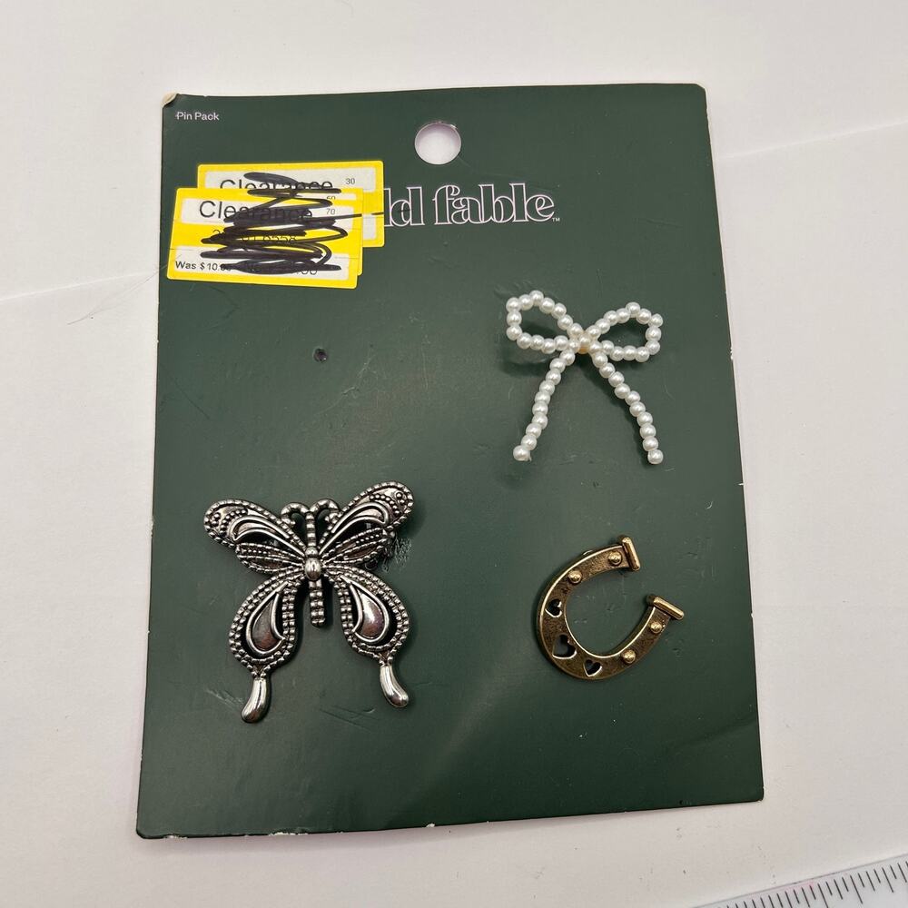 Wild Fable Pin Pack of 3 Pins: Butterfly Brooch Gold tone Horseshoe Pearl Bow